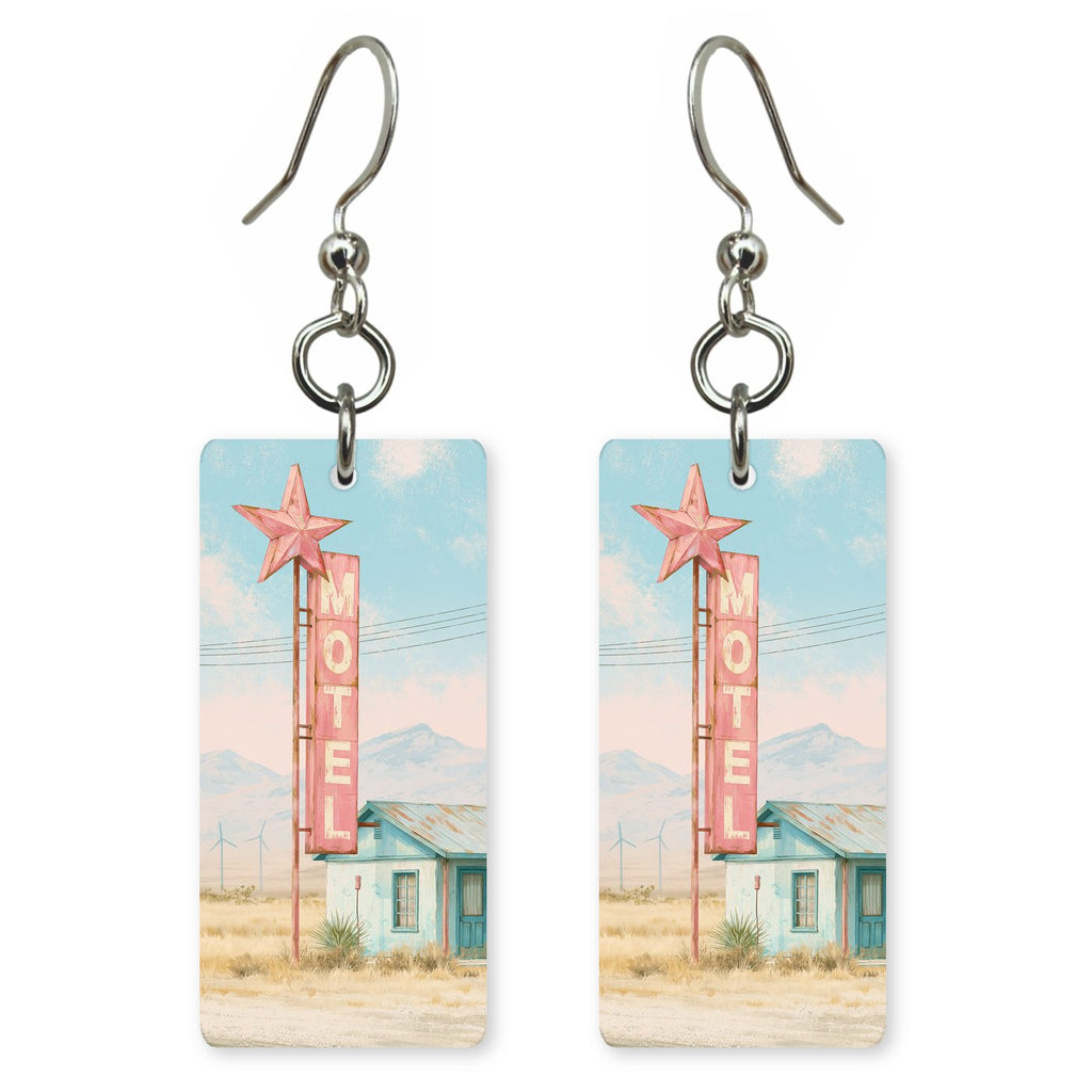 Texas Motel Motel Sign — She's Choosing earrings, shown as a pair