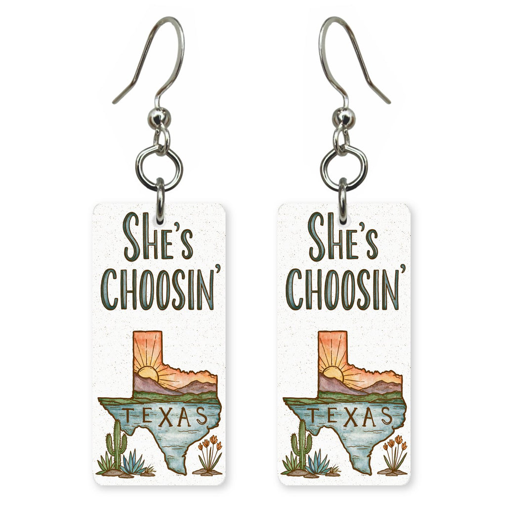 Script Logo — She's Choosing earrings, shown as a pair