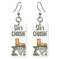Script Logo — She's Choosing earrings, shown as a pair