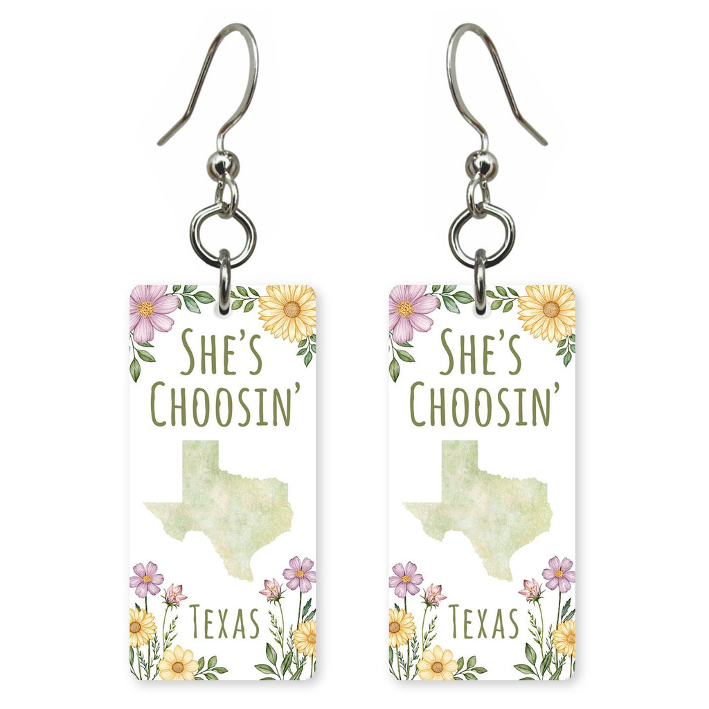 Script Logo — She's Choosing earrings, shown as a pair
