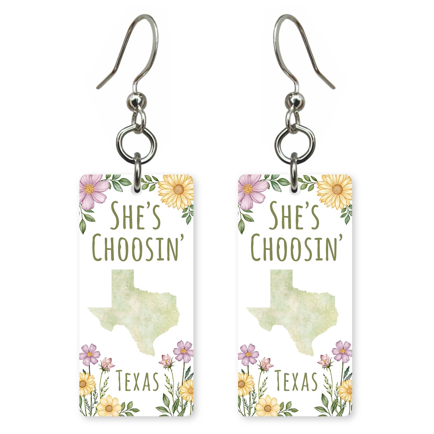 Script Logo — She's Choosing earrings, shown as a pair