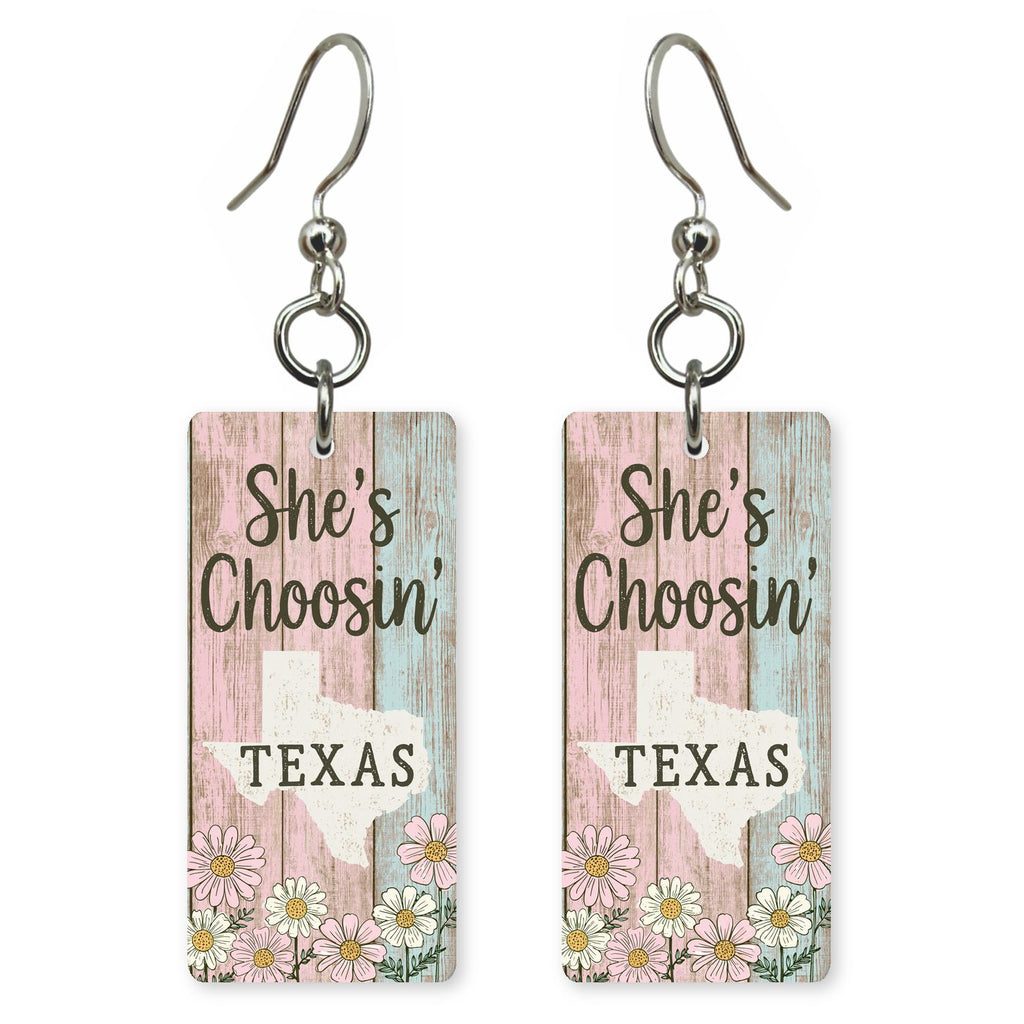 Script Logo — She's Choosing earrings, shown as a pair