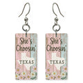 Script Logo — She's Choosing earrings, shown as a pair