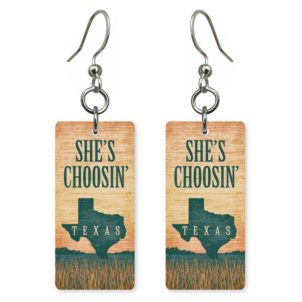 Script Logo — She's Choosing earrings, shown as a pair