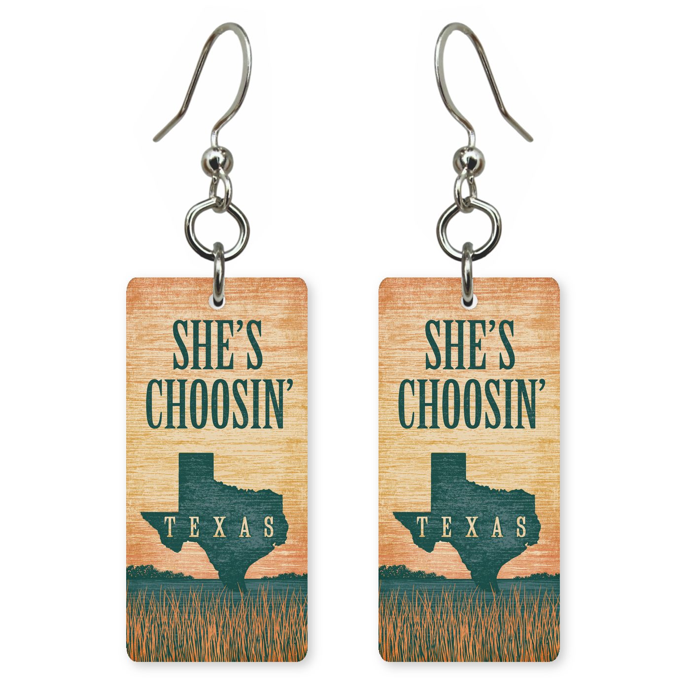 Script Logo — She's Choosing earrings, shown as a pair