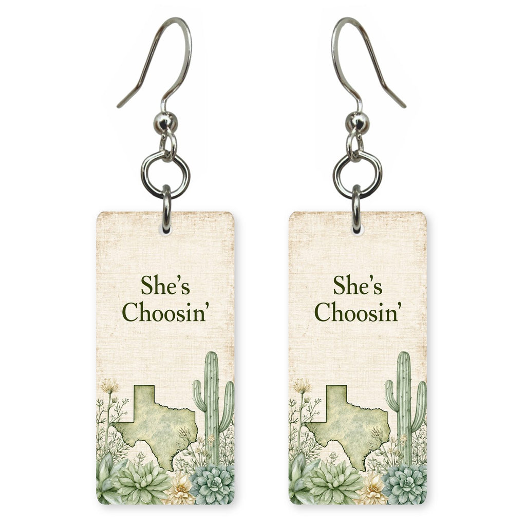 Script Logo — She's Choosing earrings, shown as a pair