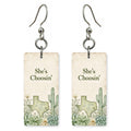 Script Logo — She's Choosing earrings, shown as a pair