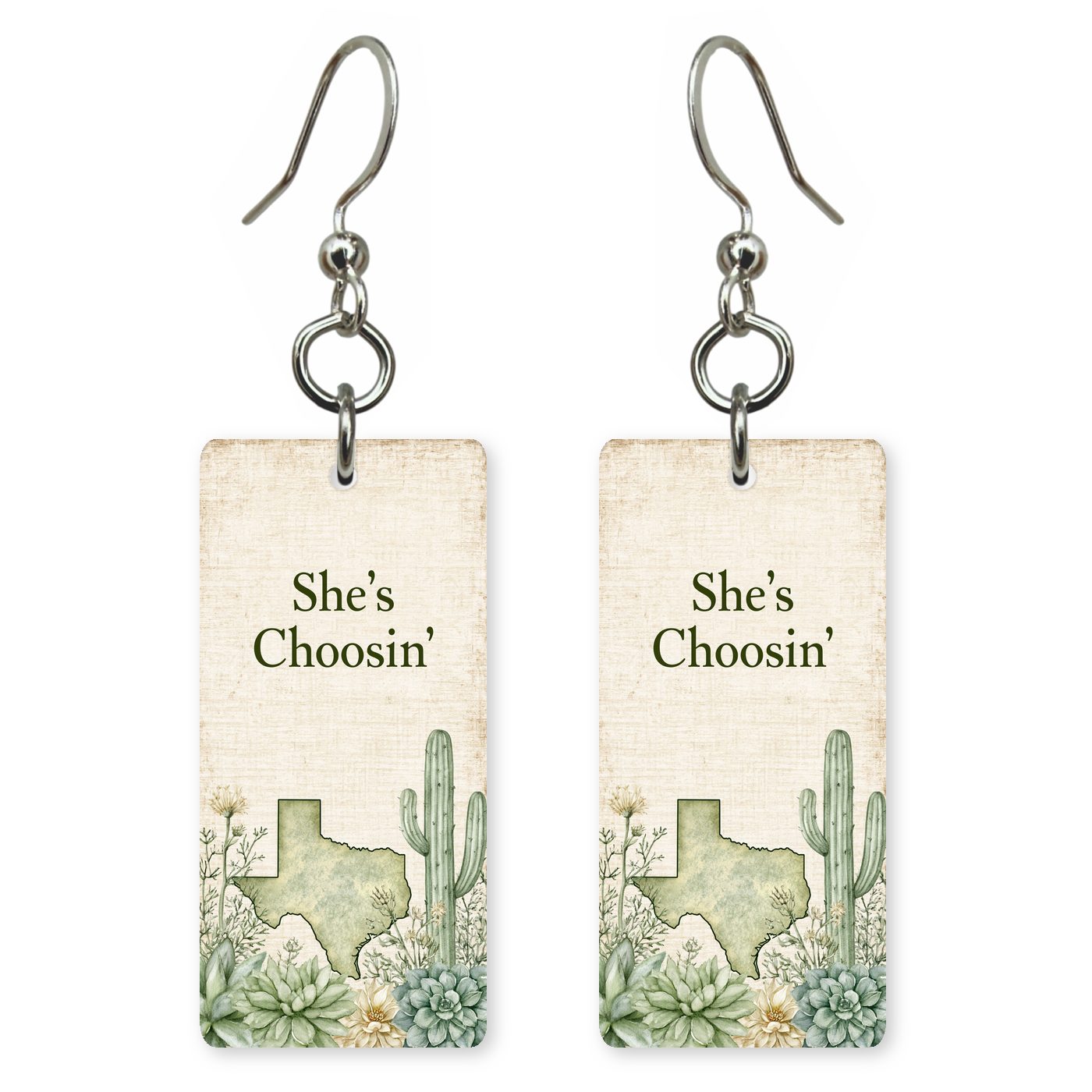 Script Logo — She's Choosing earrings, shown as a pair
