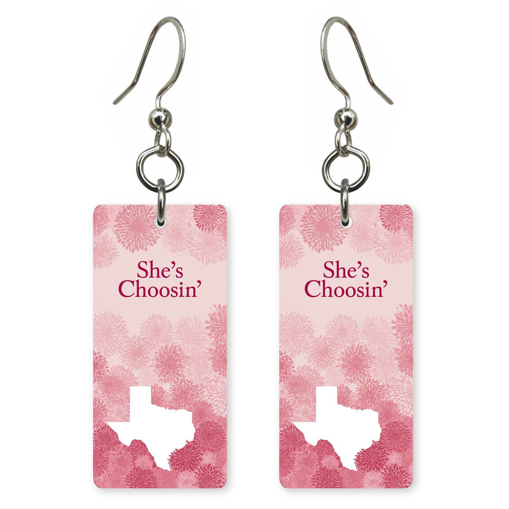 Script Logo — She's Choosing earrings, shown as a pair