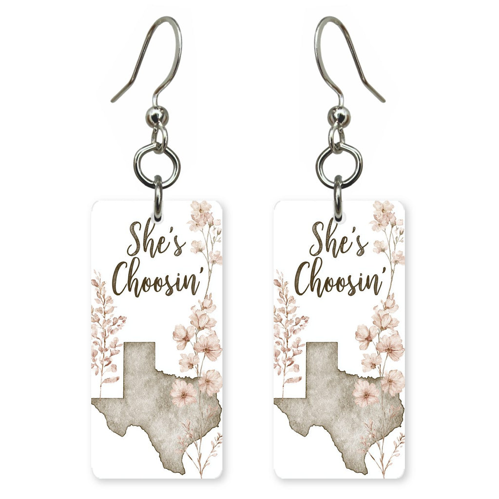 Script Logo — She's Choosing earrings, shown as a pair