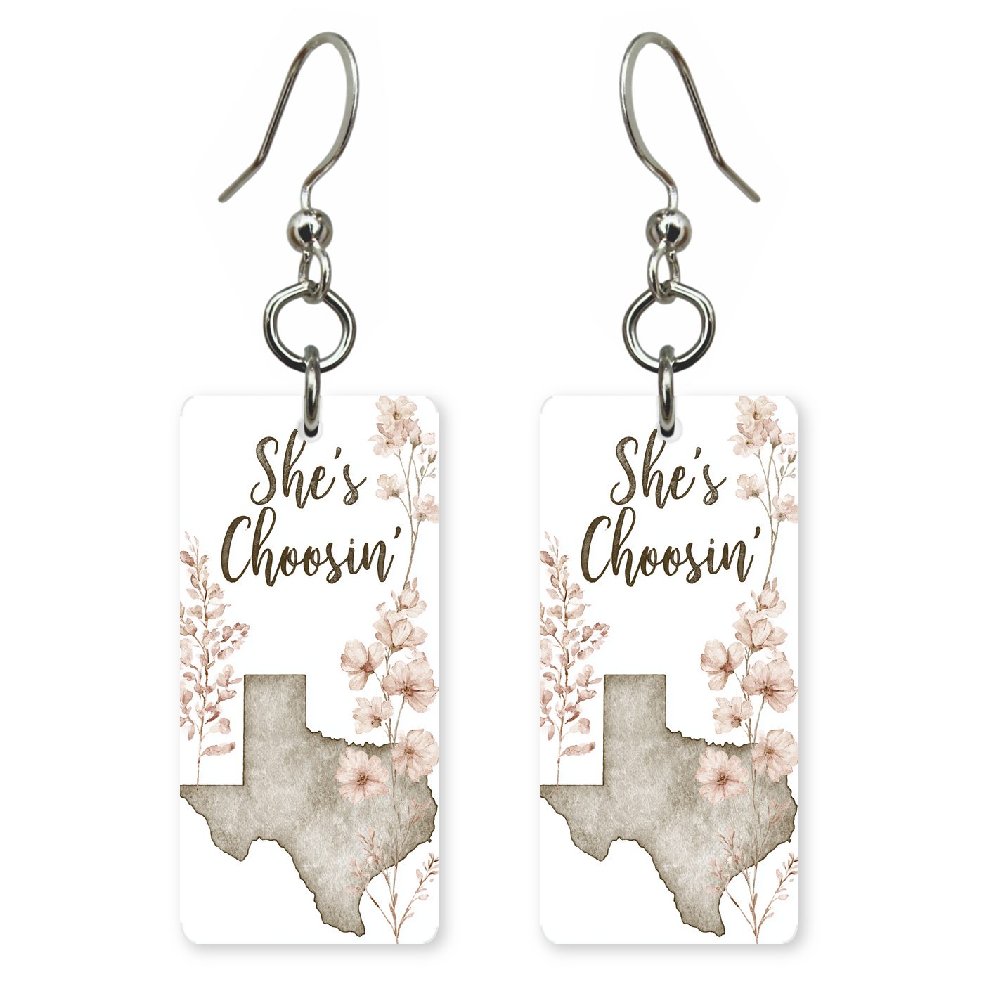 Script Logo — She's Choosing earrings, shown as a pair