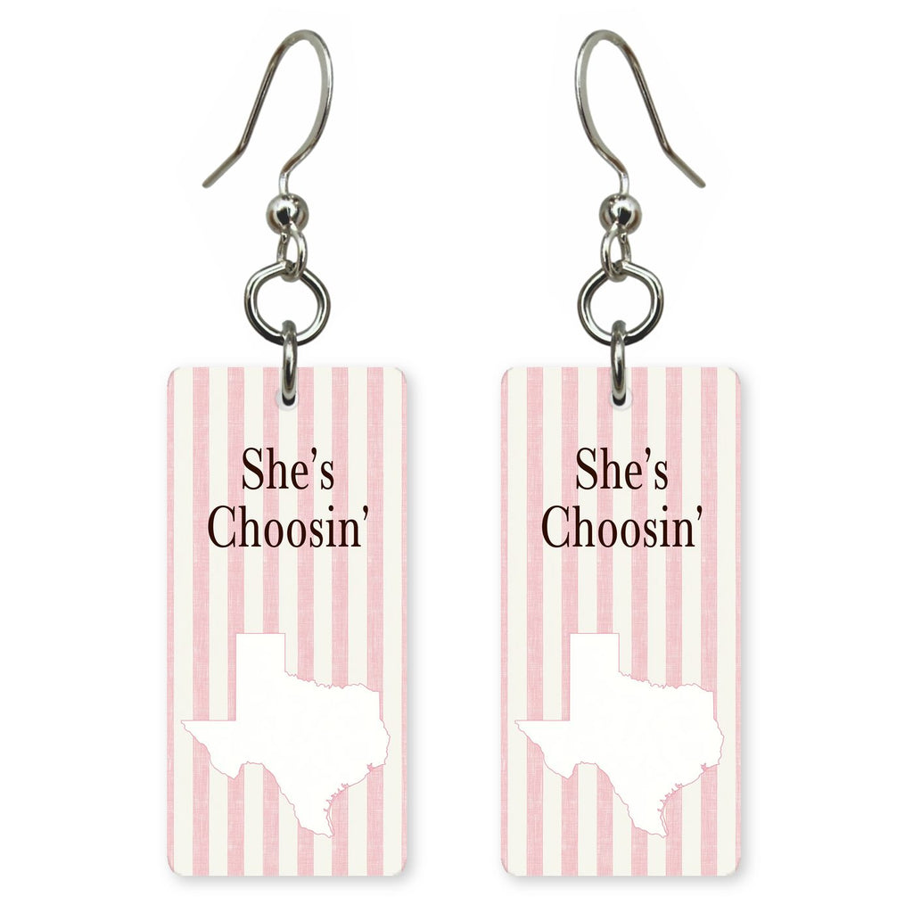 Script Logo — She's Choosing earrings, shown as a pair