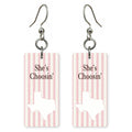 Script Logo — She's Choosing earrings, shown as a pair