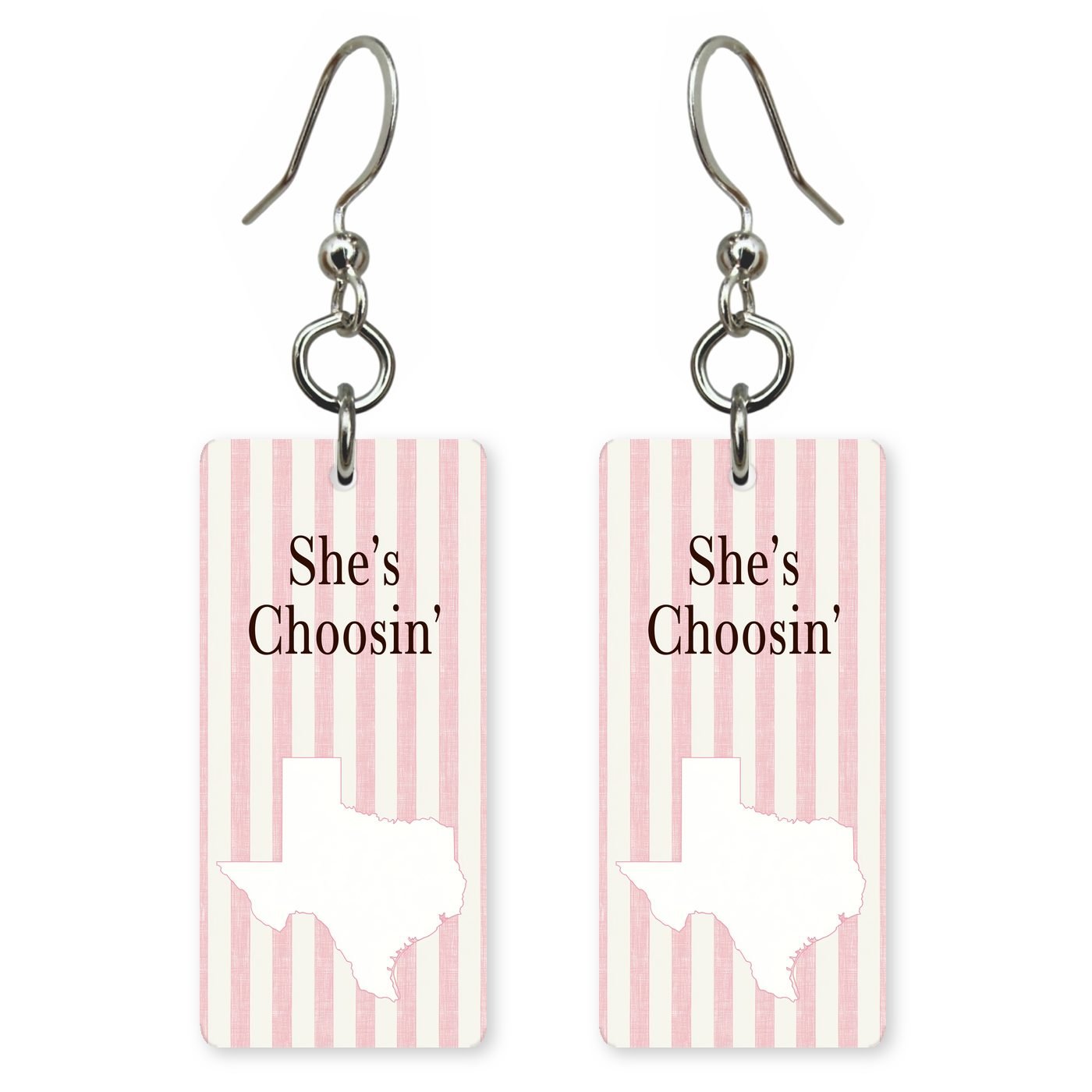 Script Logo — She's Choosing earrings, shown as a pair