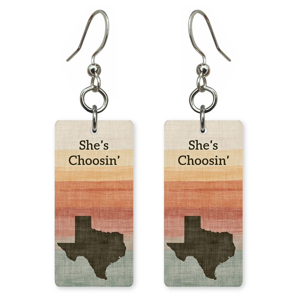 Script Logo — She's Choosing earrings, shown as a pair