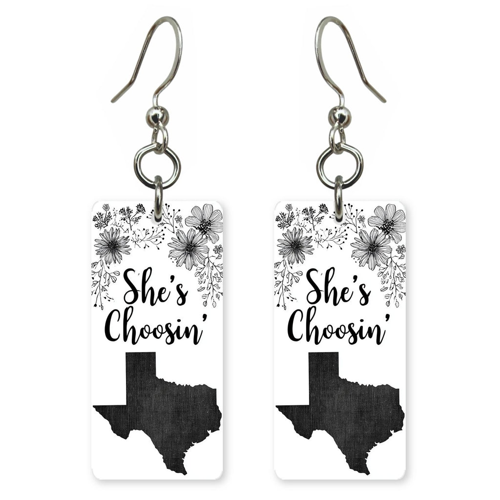 Script Logo — She's Choosing earrings, shown as a pair