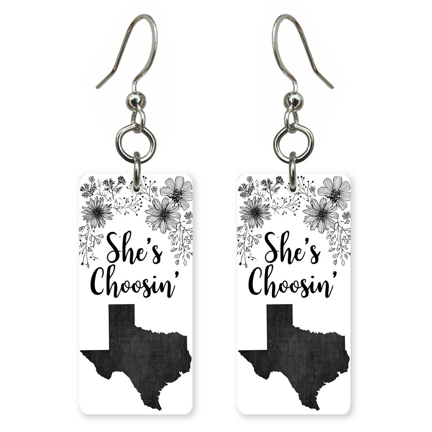 Script Logo — She's Choosing earrings, shown as a pair