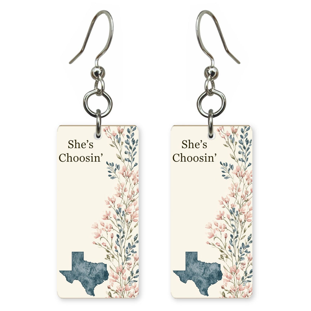 Script Logo — She's Choosing earrings, shown as a pair