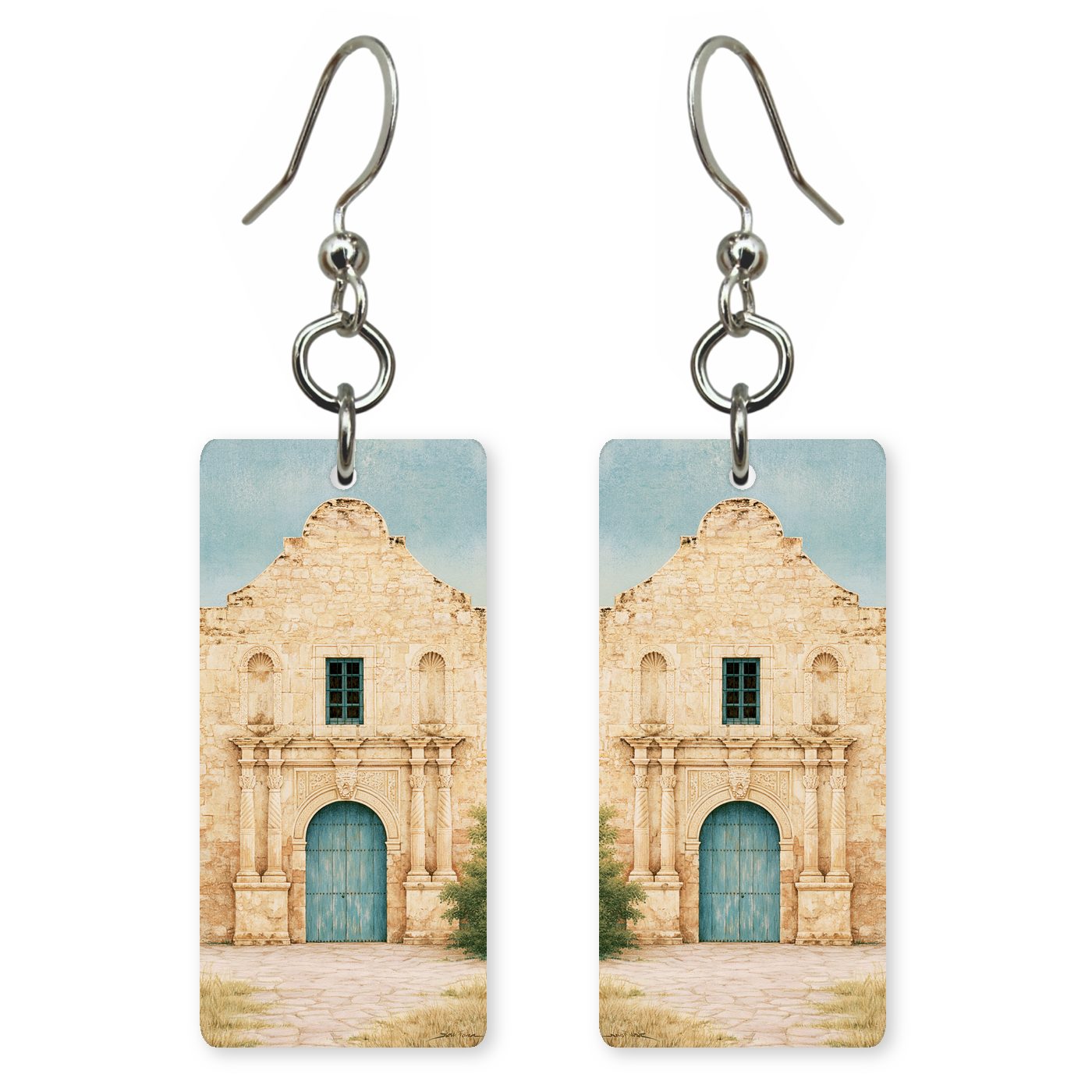 Texas Alamo Art — She's Choosing earrings, shown as a pair