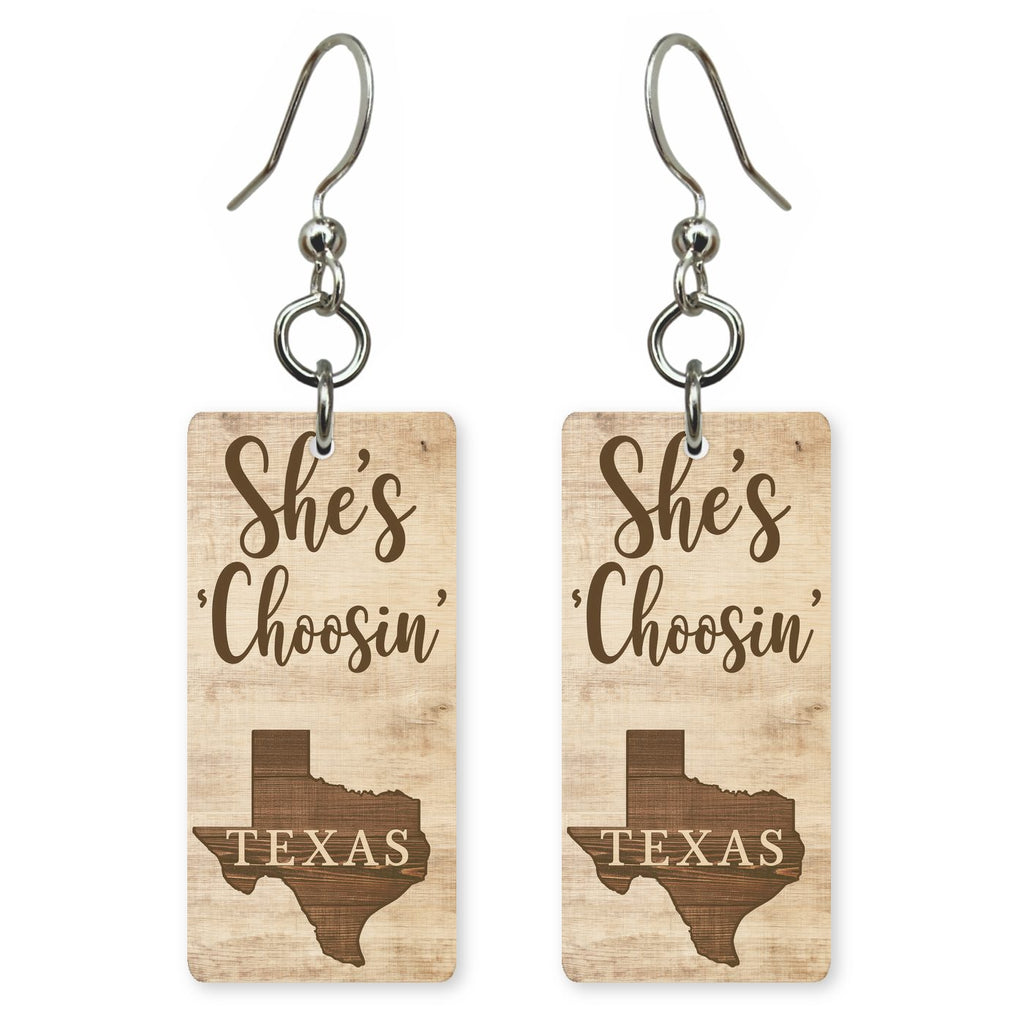 Wood Plank — She's Choosing earrings, shown as a pair