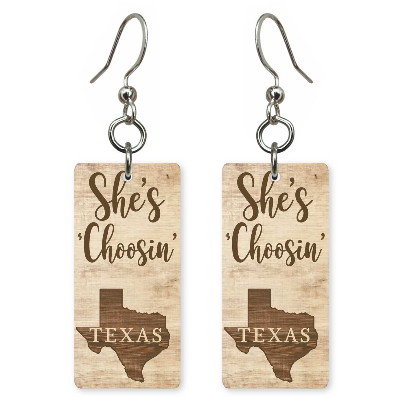Wood Plank — She's Choosing earrings, shown as a pair