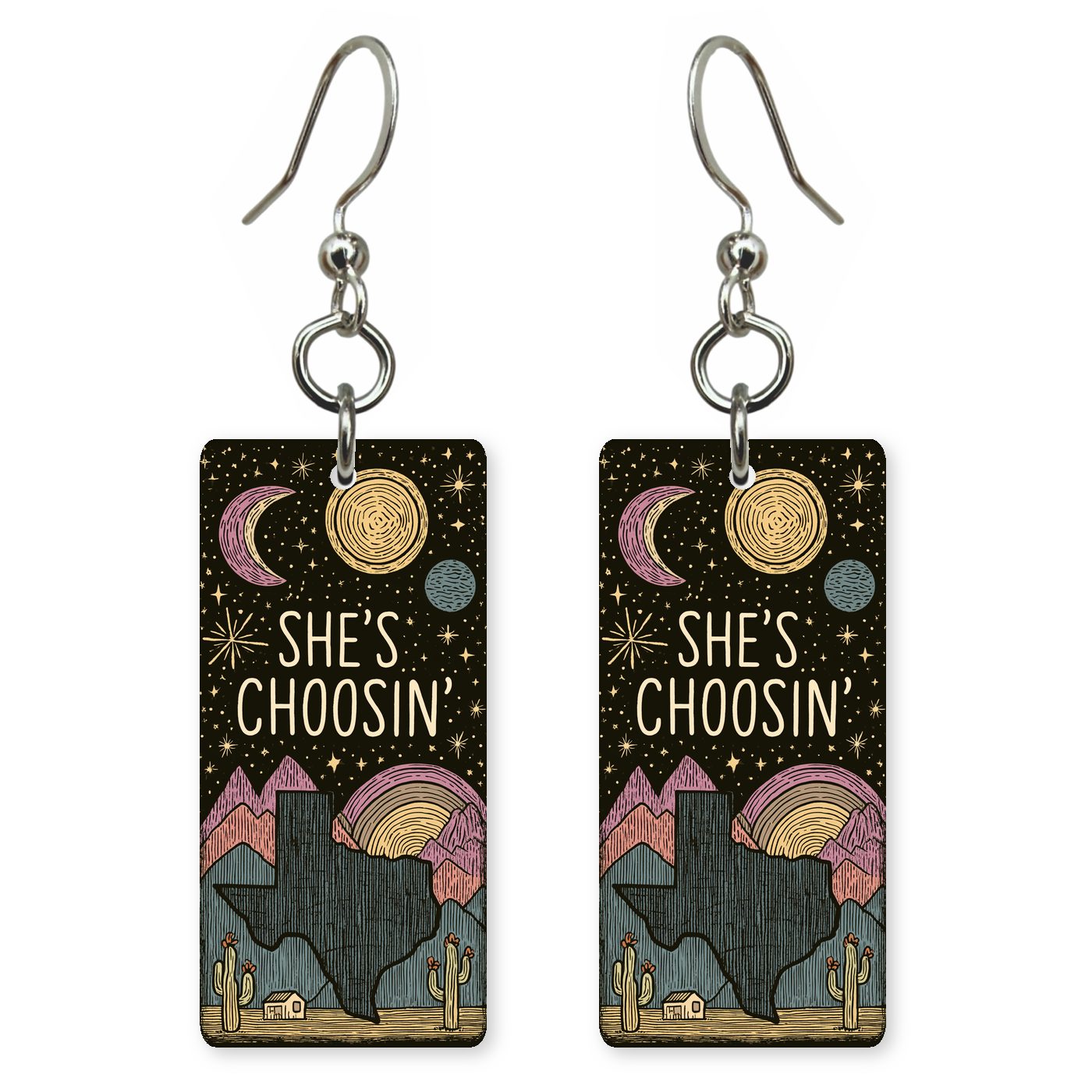 Night Desert Moon — She's Choosing earrings, shown as a pair