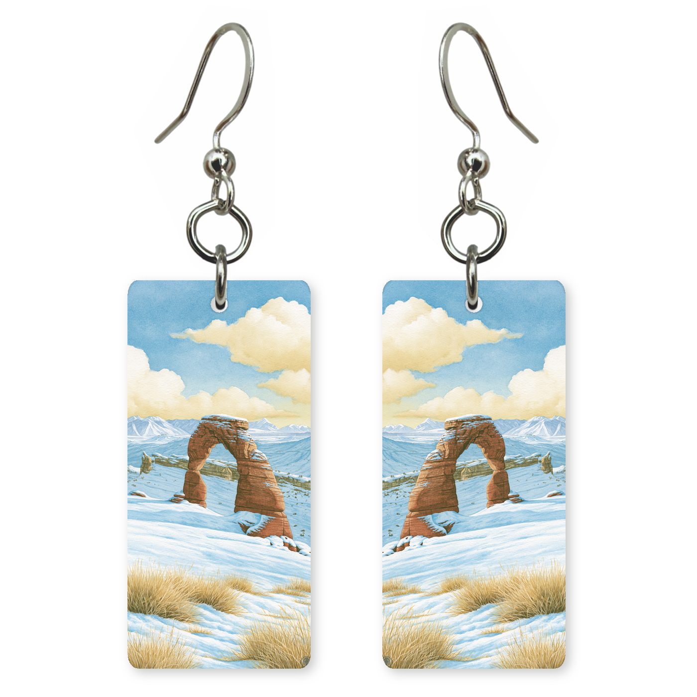 Delicate Arch Winter Snow — She's Choosing earrings, shown as a pair