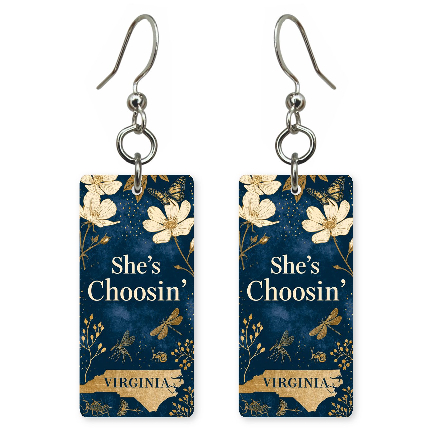 Navy Dogwood — She's Choosing earrings, shown as a pair