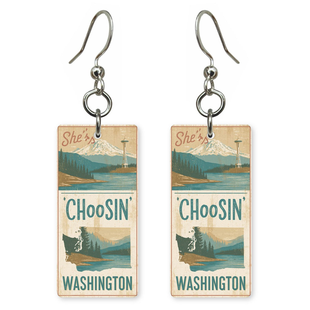 Rainier Poster — She's Choosing earrings, shown as a pair