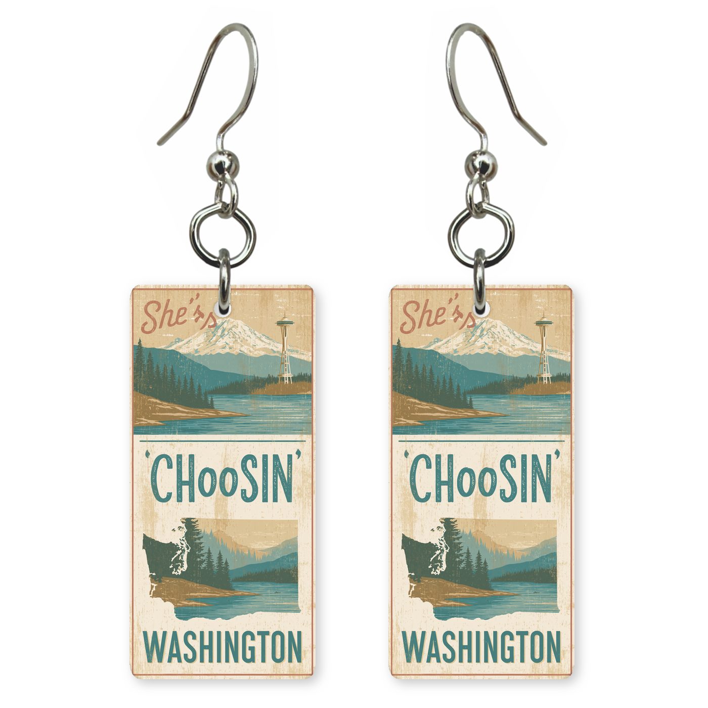 Rainier Poster — She's Choosing earrings, shown as a pair