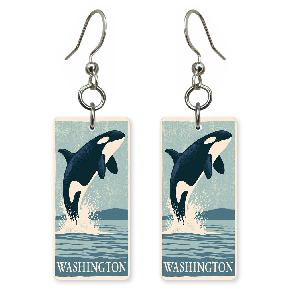 Orca Breaching Text Washington — She's Choosing earrings, shown as a pair