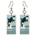 Orca Breaching Text Washington — She's Choosing earrings, shown as a pair