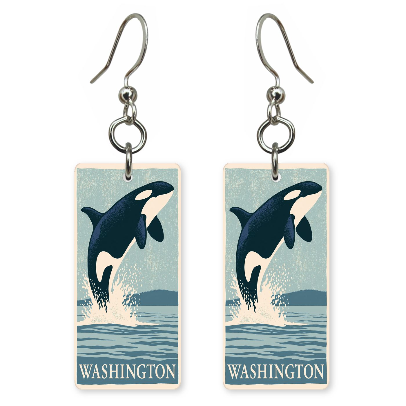Orca Breaching Text Washington — She's Choosing earrings, shown as a pair