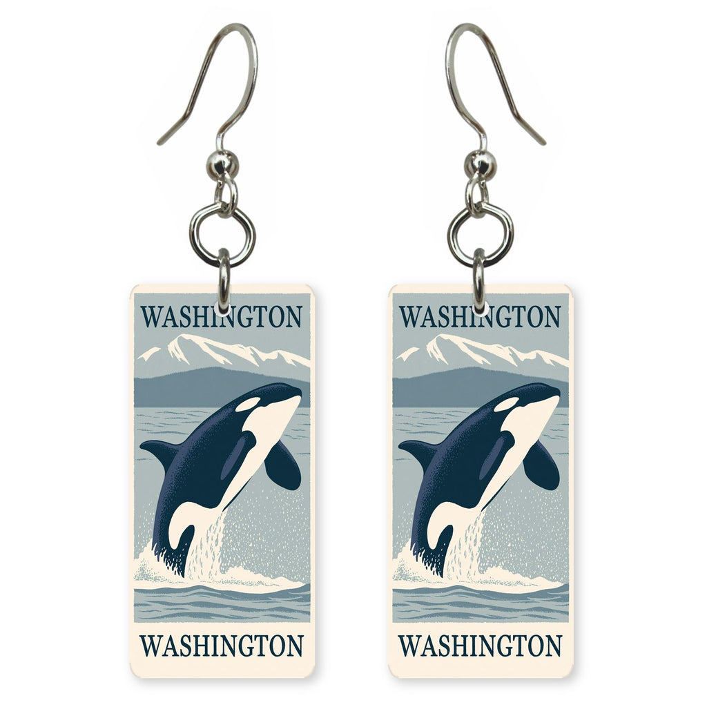 Orca Breaching Text Washington — She's Choosing earrings, shown as a pair