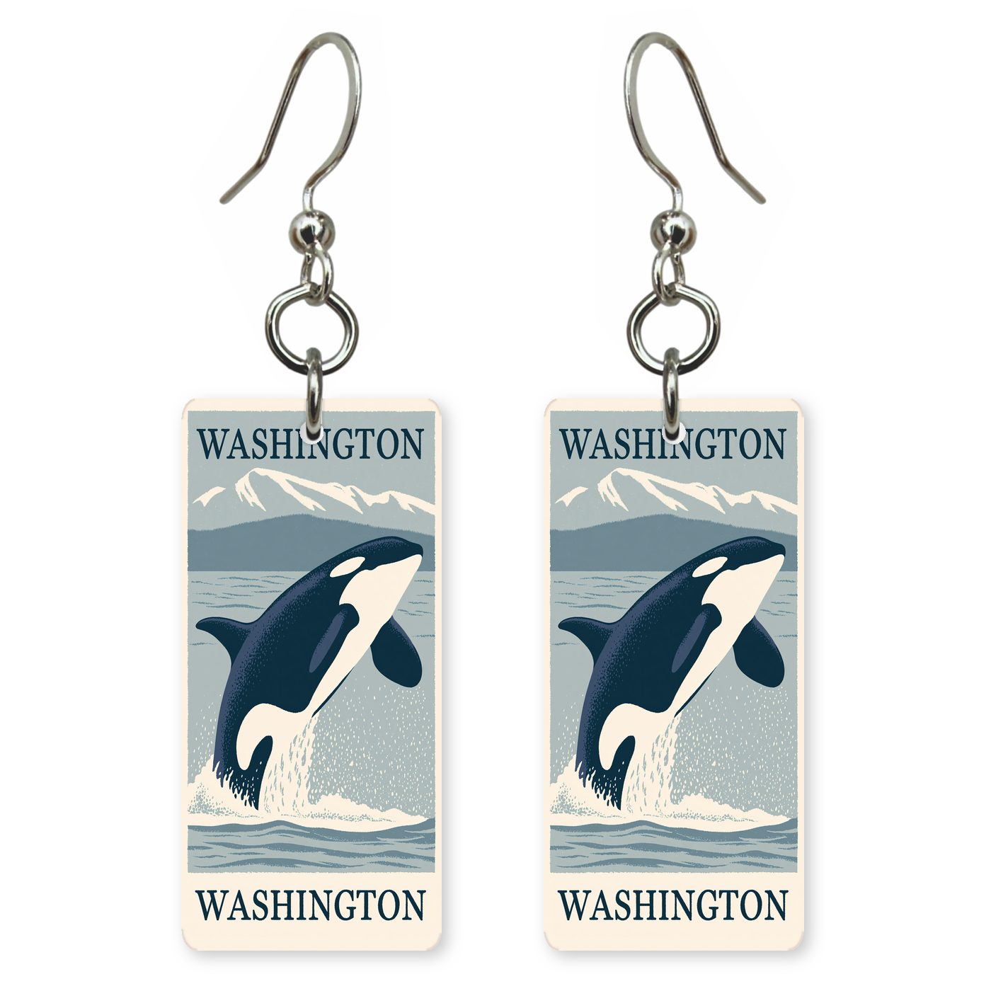 Orca Breaching Text Washington — She's Choosing earrings, shown as a pair