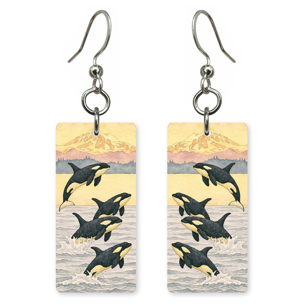 Orca Pod Breaching Golden — She's Choosing earrings, shown as a pair