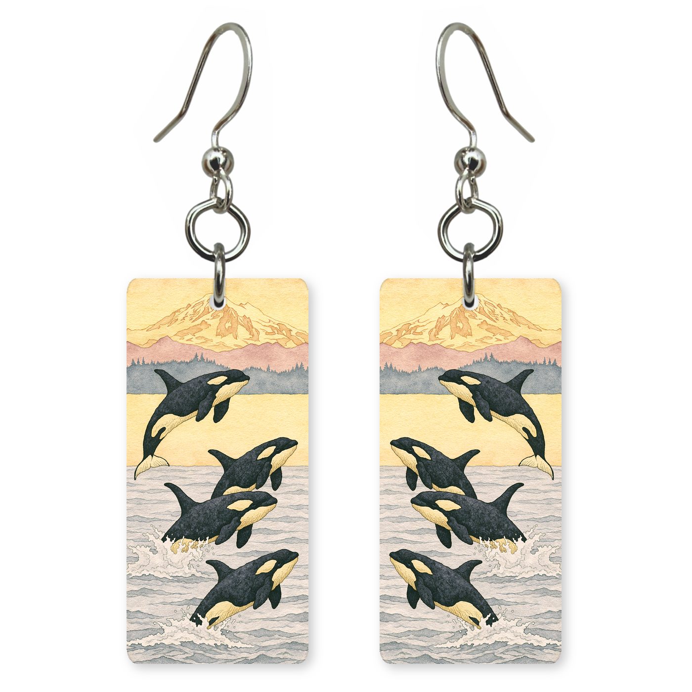 Orca Pod Breaching Golden — She's Choosing earrings, shown as a pair