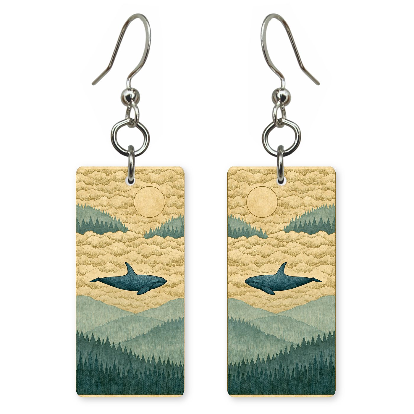 Orcas Swimming Through Sky — She's Choosing earrings, shown as a pair
