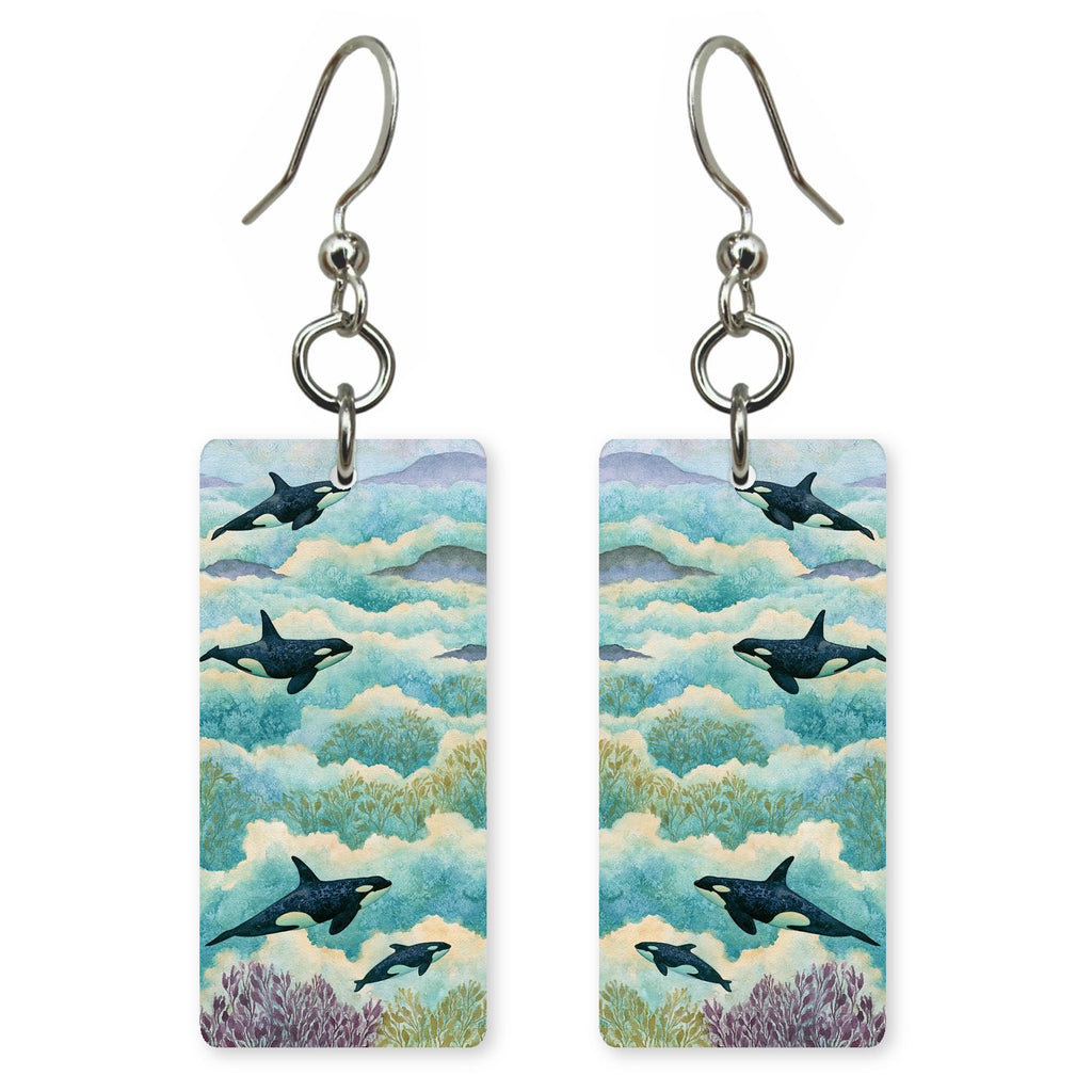 Orcas Swimming Through Sky — She's Choosing earrings, shown as a pair