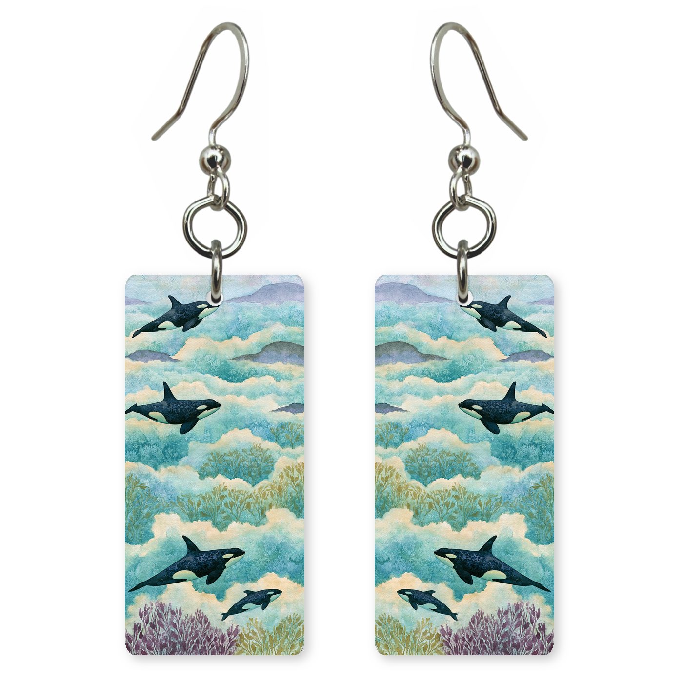 Orcas Swimming Through Sky — She's Choosing earrings, shown as a pair