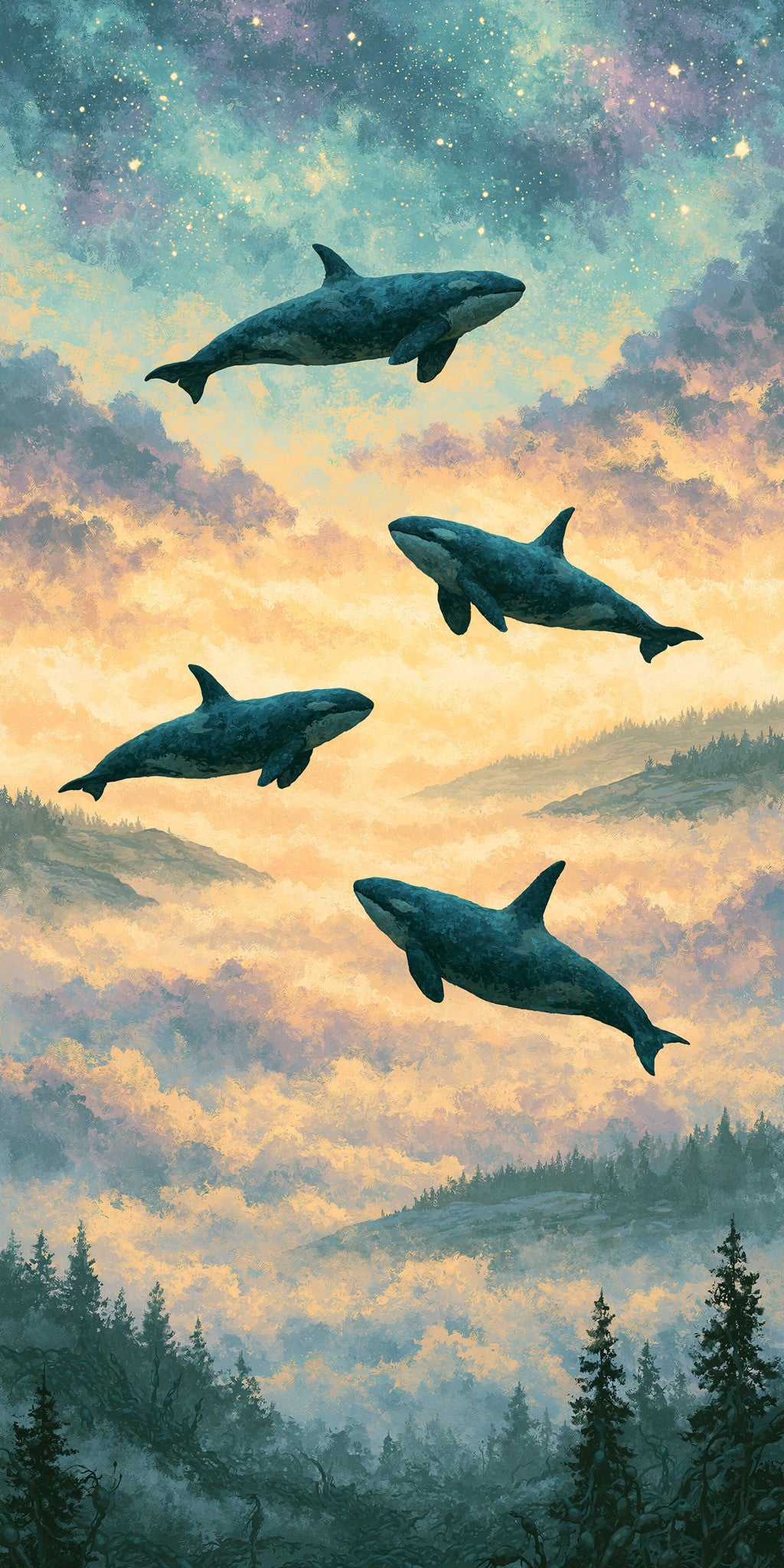 Orcas Swimming Through Sky — full design art