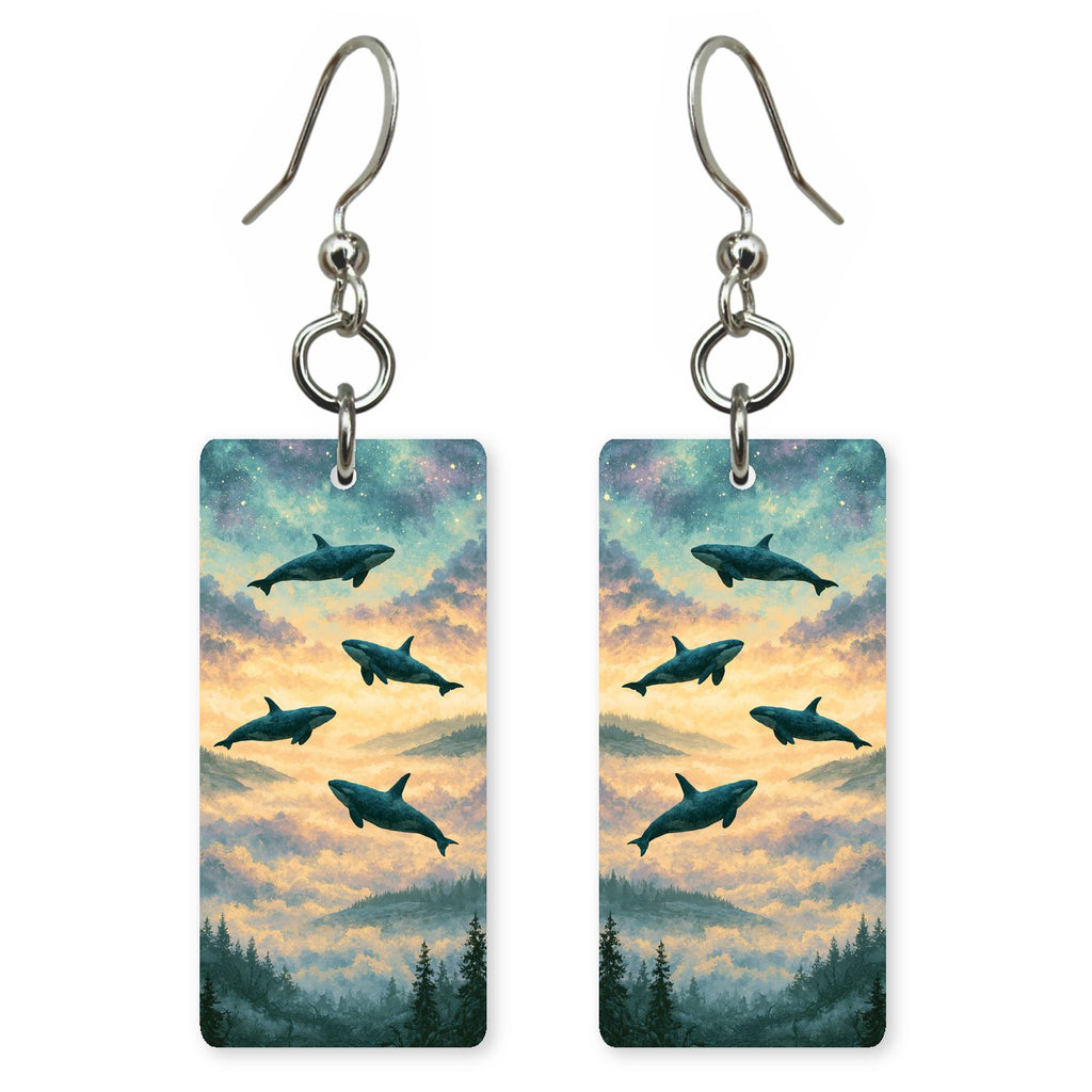 Orcas Swimming Through Sky — She's Choosing earrings, shown as a pair