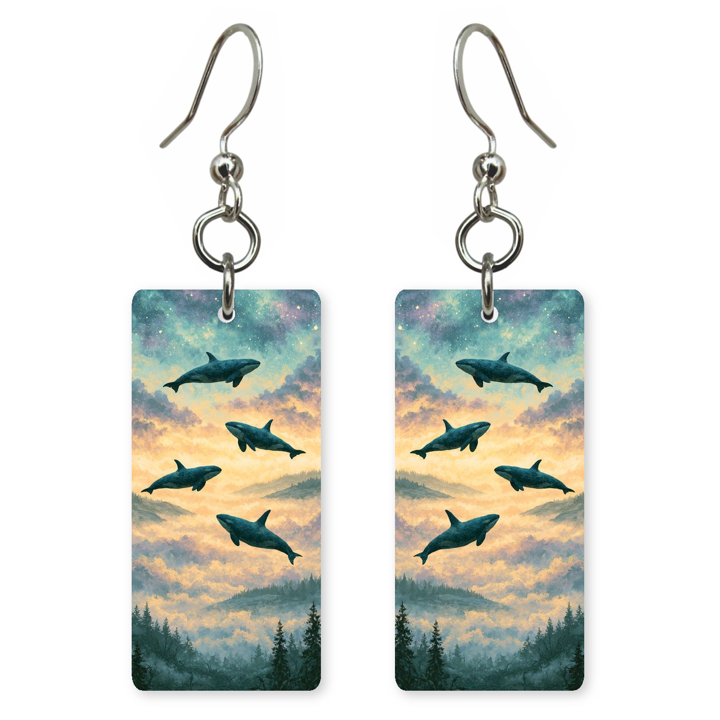 Orcas Swimming Through Sky — She's Choosing earrings, shown as a pair