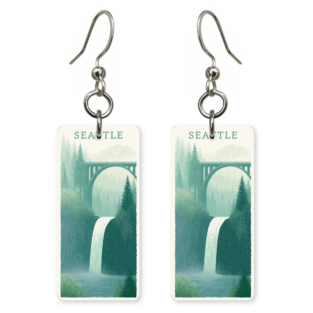 Snoqualmie Falls Text Seattle — She's Choosing earrings, shown as a pair