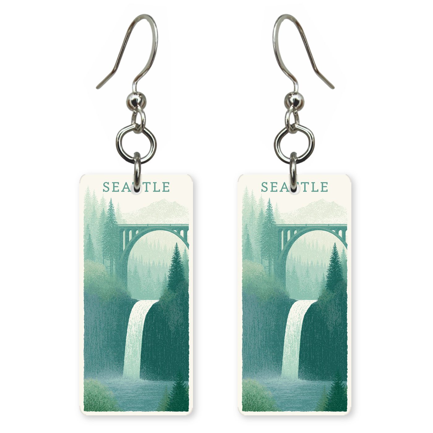 Snoqualmie Falls Text Seattle — She's Choosing earrings, shown as a pair