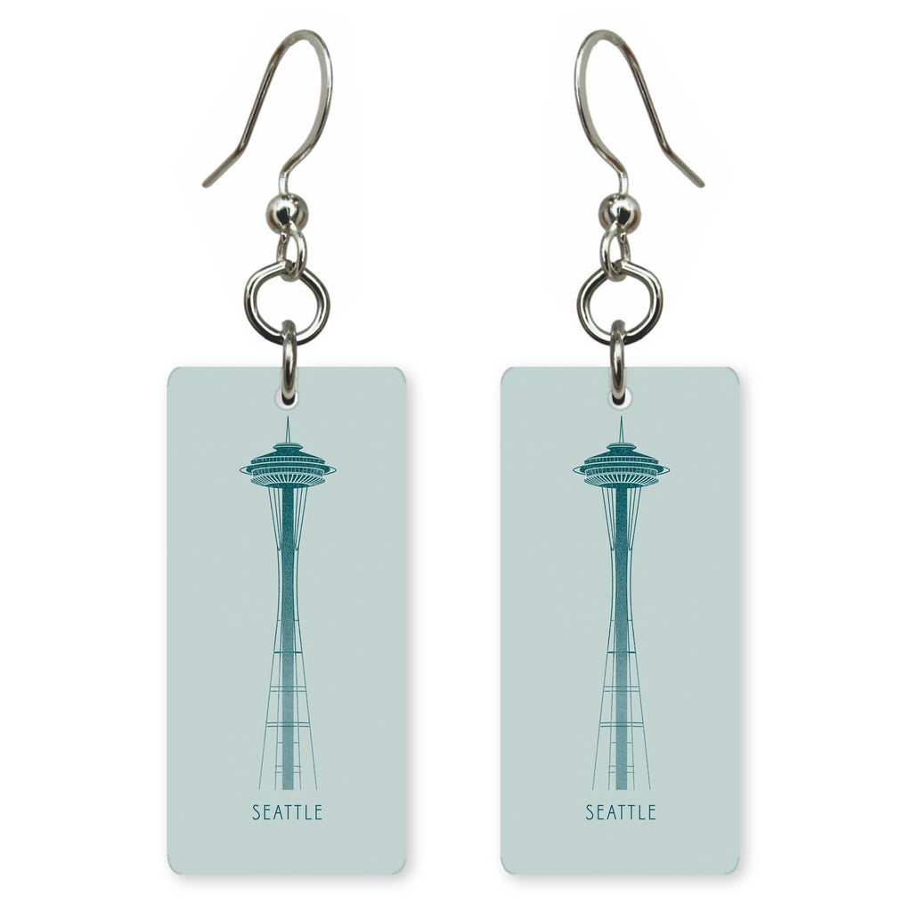 Space Needle Text Seattle — She's Choosing earrings, shown as a pair
