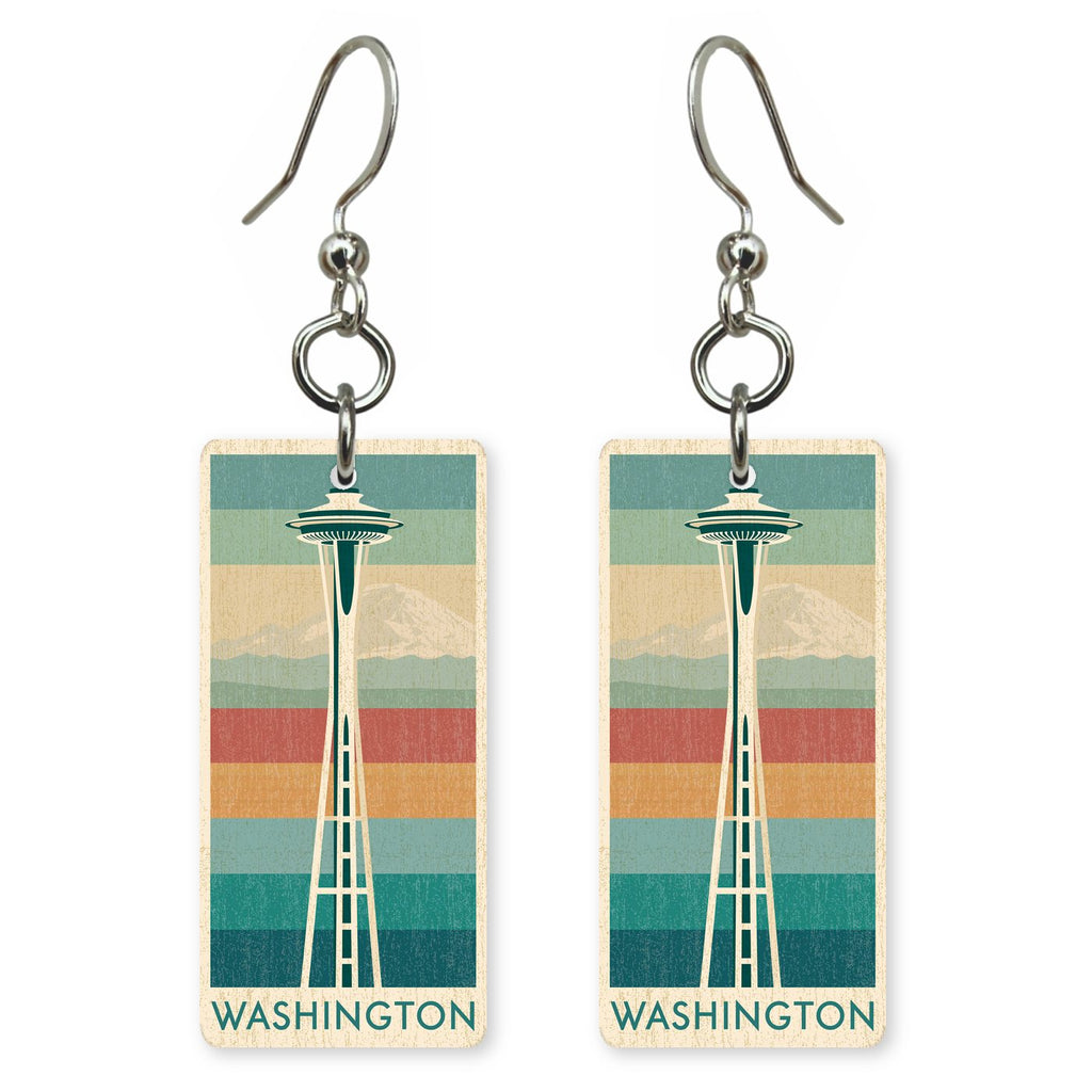 Space Needle Text Washington — She's Choosing earrings, shown as a pair