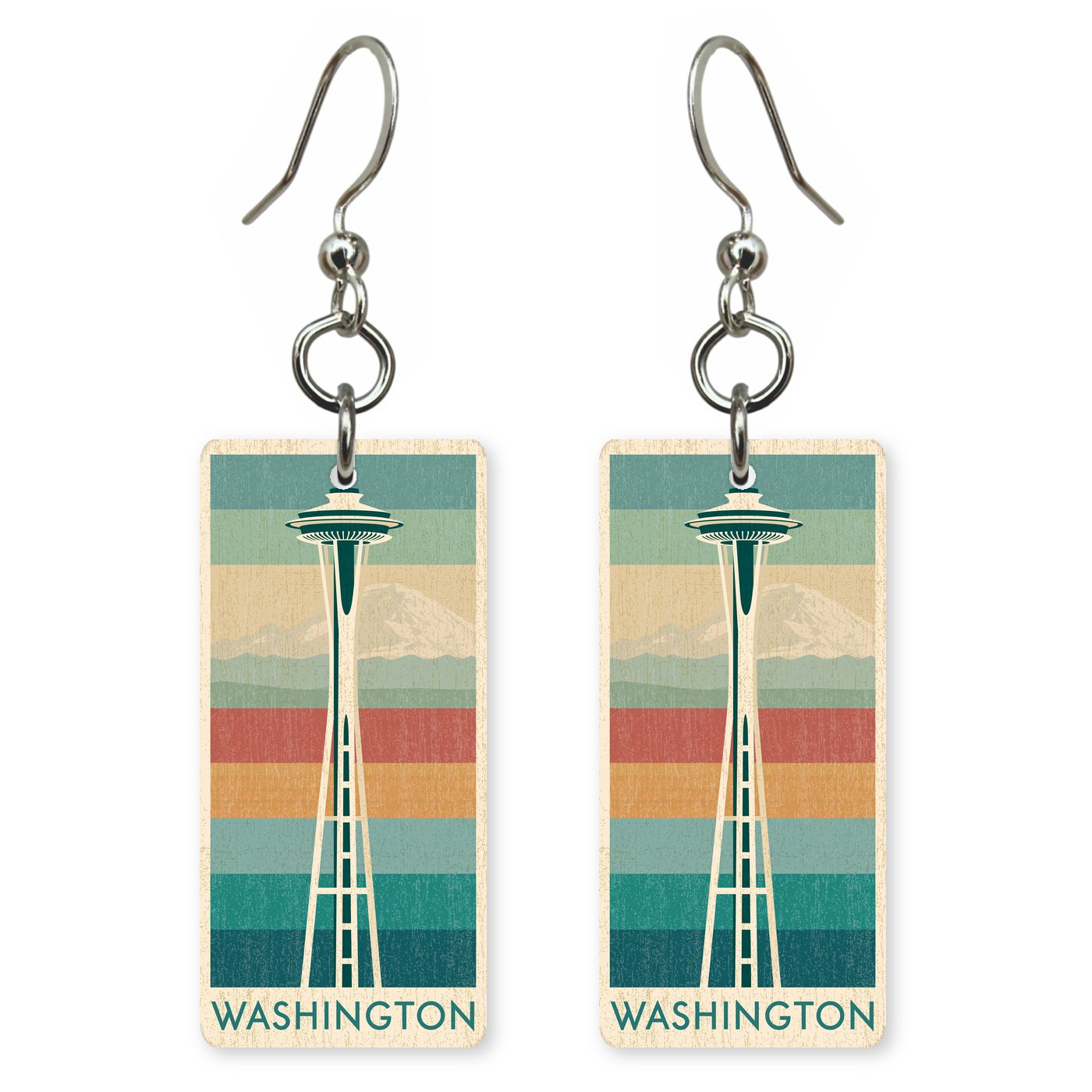 Space Needle Text Washington — She's Choosing earrings, shown as a pair