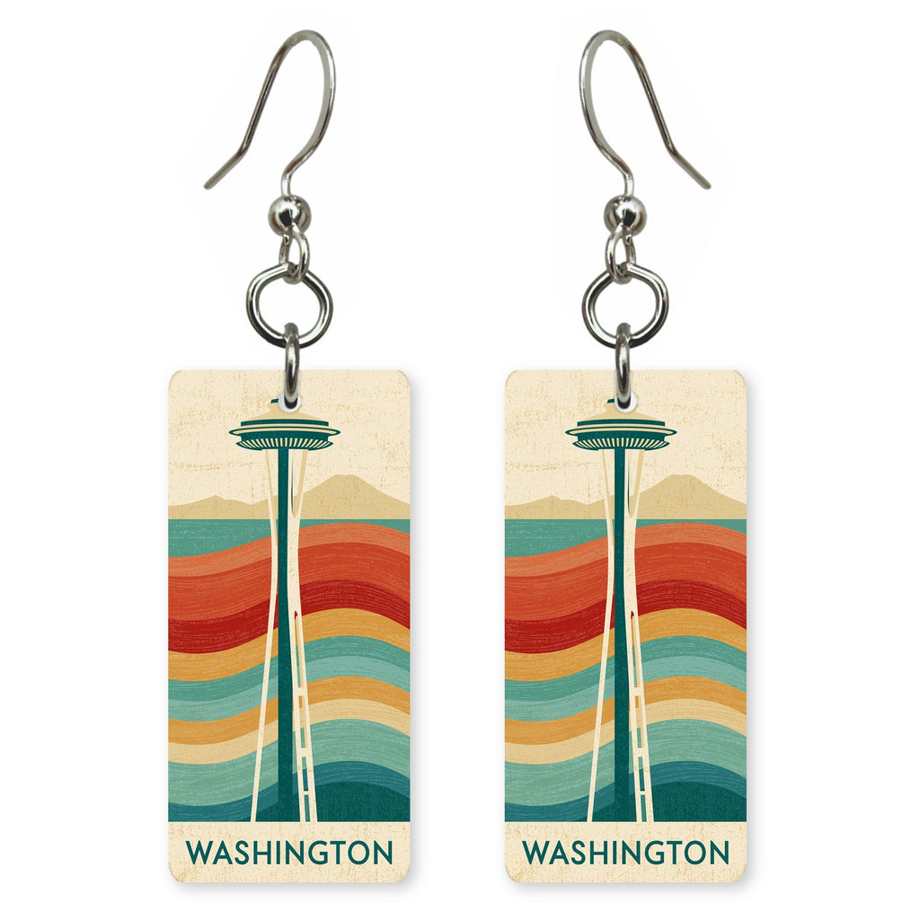 Space Needle Text Washington — She's Choosing earrings, shown as a pair