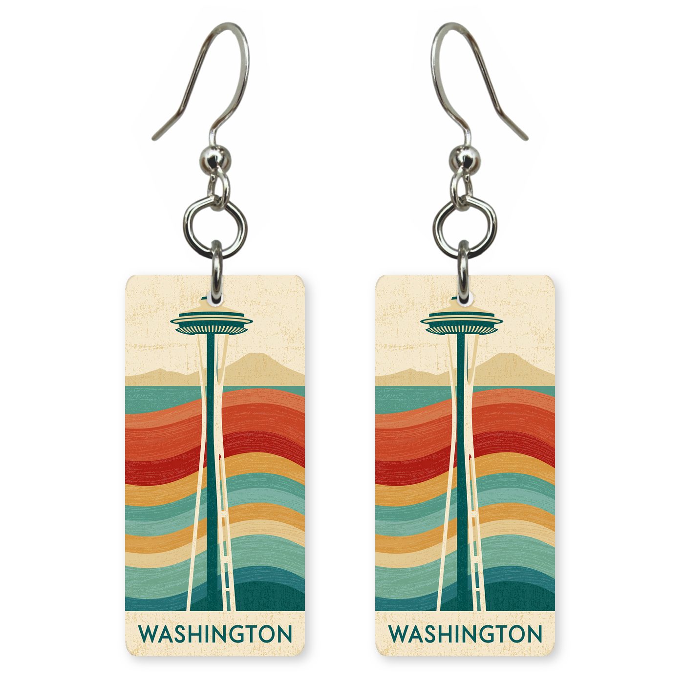 Space Needle Text Washington — She's Choosing earrings, shown as a pair